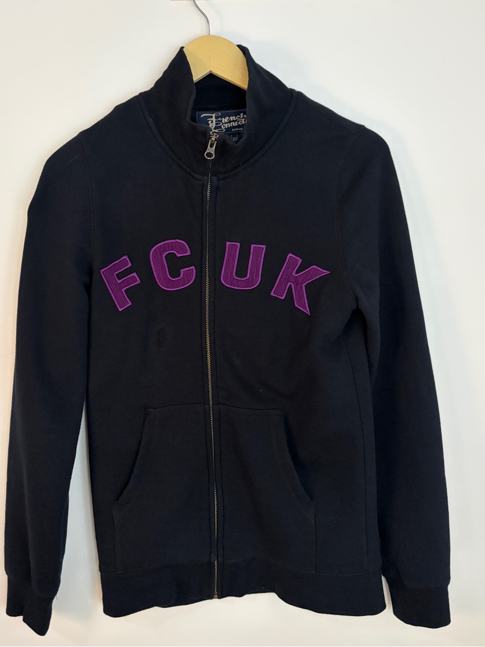Vintage Y2K FCUK French Connection Black Zip Up Sweatshirt XS